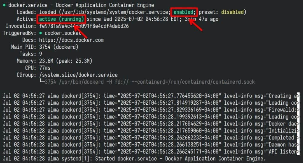 The Docker service is enabled and running.