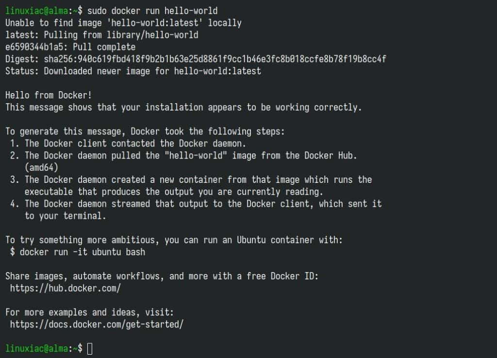Docker successfully installed, up & running on AlmaLinux 10.