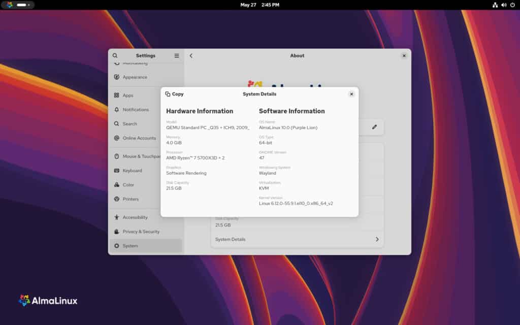 AlmaLinux 10  "Purple Lion"