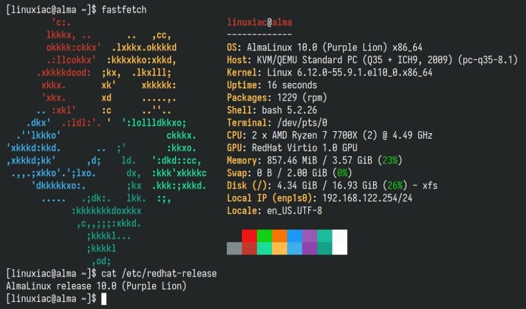 Successful migration from AlmaLinux 9 to AlmaLinux 10.