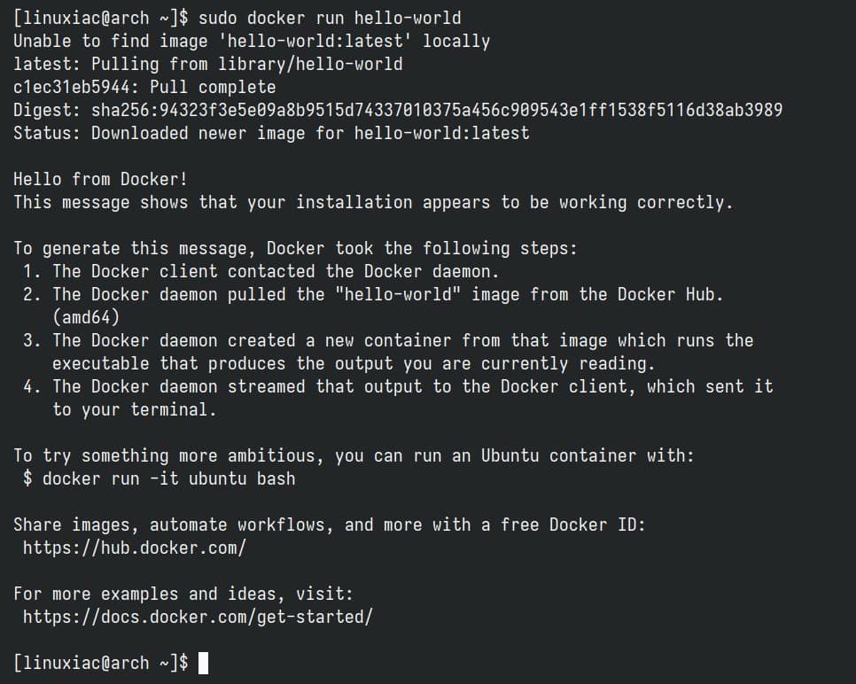 Docker successfully installed, up & running on Arch Linux.
