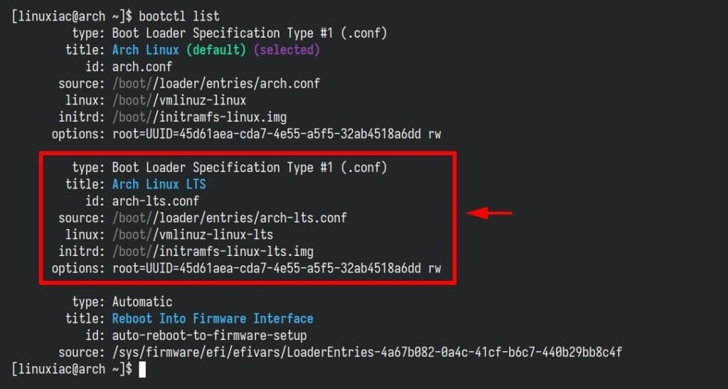 Verifying systemd-boot’s entries on Arch Linux.