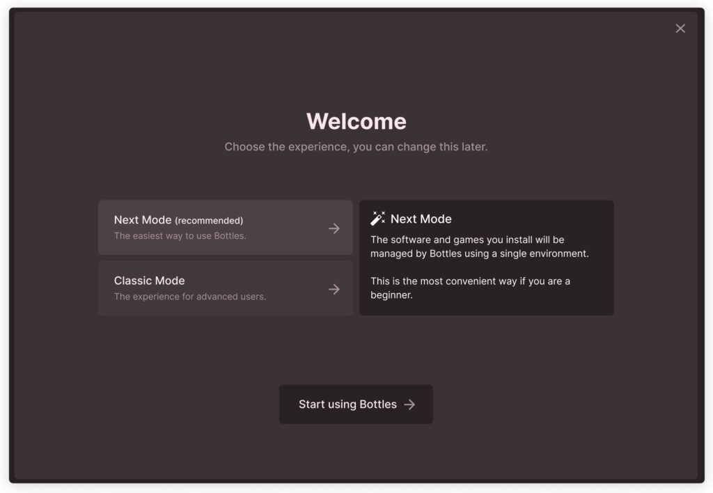 Bottles Next Welcome Screen, Image credits: Bottles