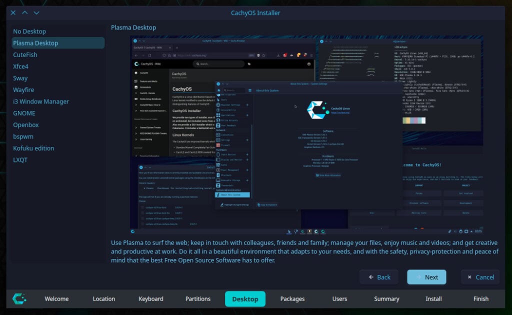 Desktop environments offered by CachyOS during installation
