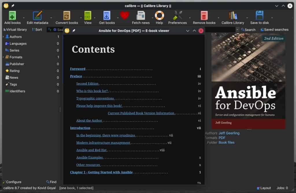 Calibre 8.7 e-book manager.