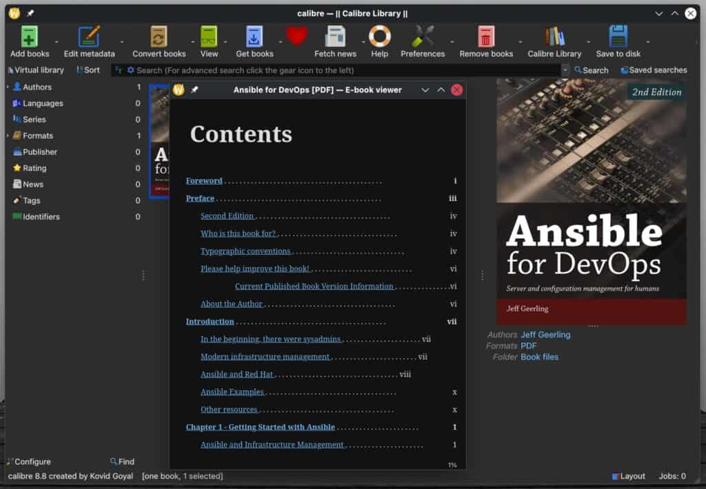 Calibre 8.8 e-book manager.