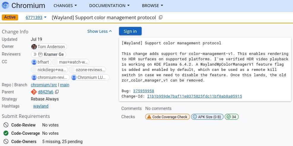 Chromium adds Wayland color-management-v1 support, allowing HDR rendering.