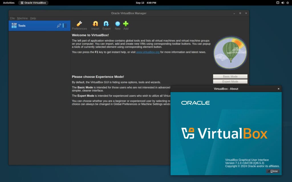 VirtualBox is installed and running on Debian 12.