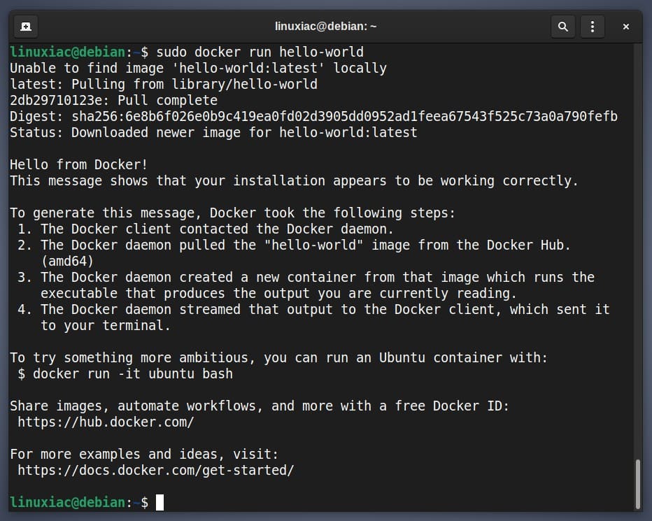 Docker successfully installed, up & running on Debian 11.