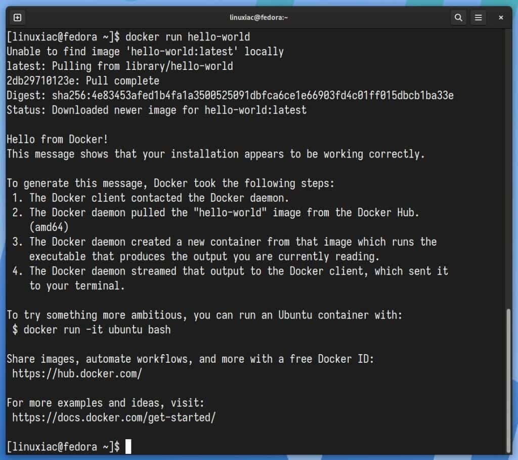 Docker successfully installed, up & running on Fedora Linux.
