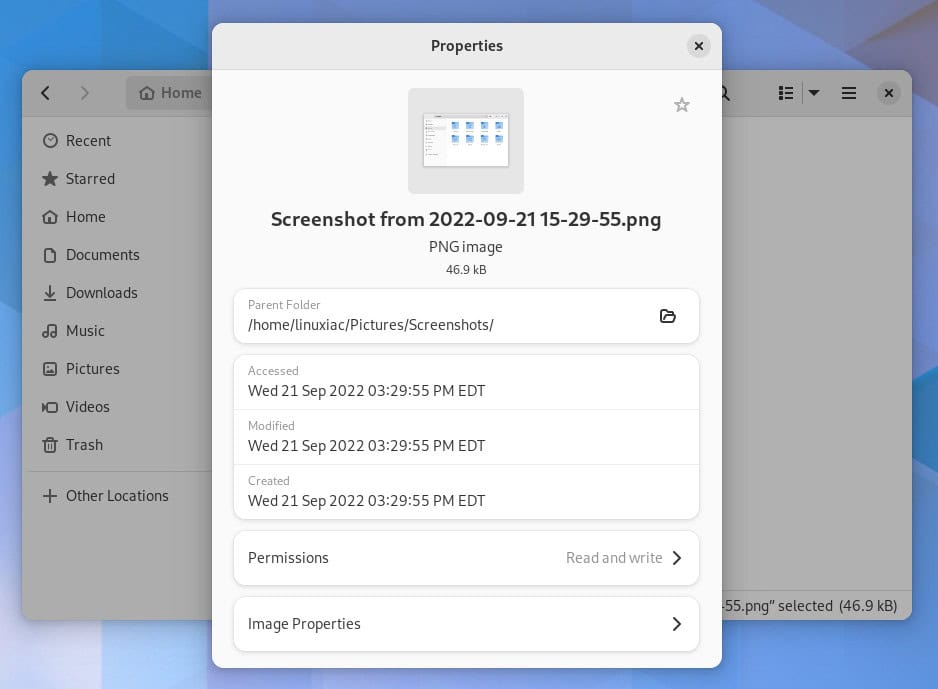 GNOME 43 File Properties Dialog