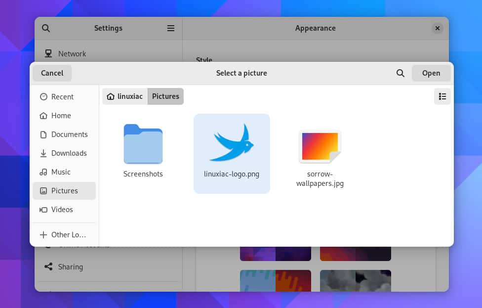 GNOME 44 file picker grid view.