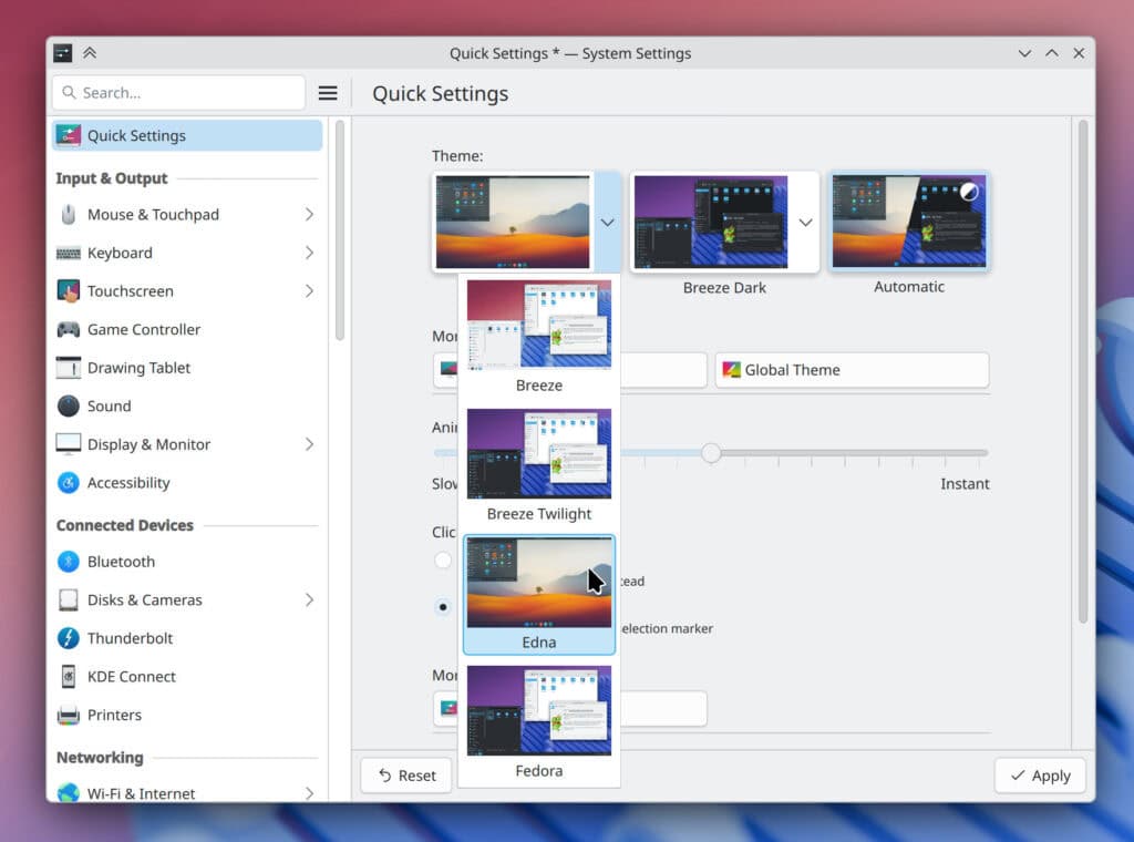 Global Themes showed on the KDE System Settings’ Quick Settings page.