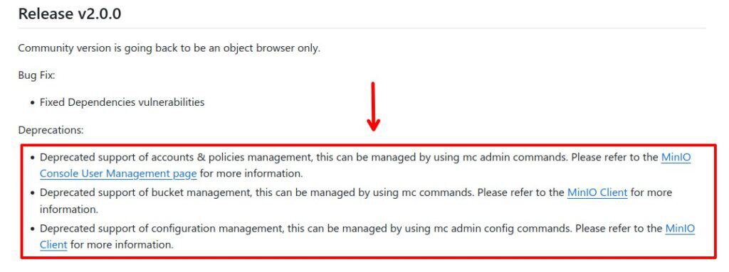 MinIO deprecations in the new version.