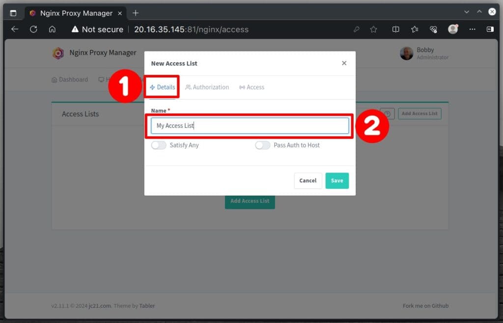 Creating a new access list in NPM.