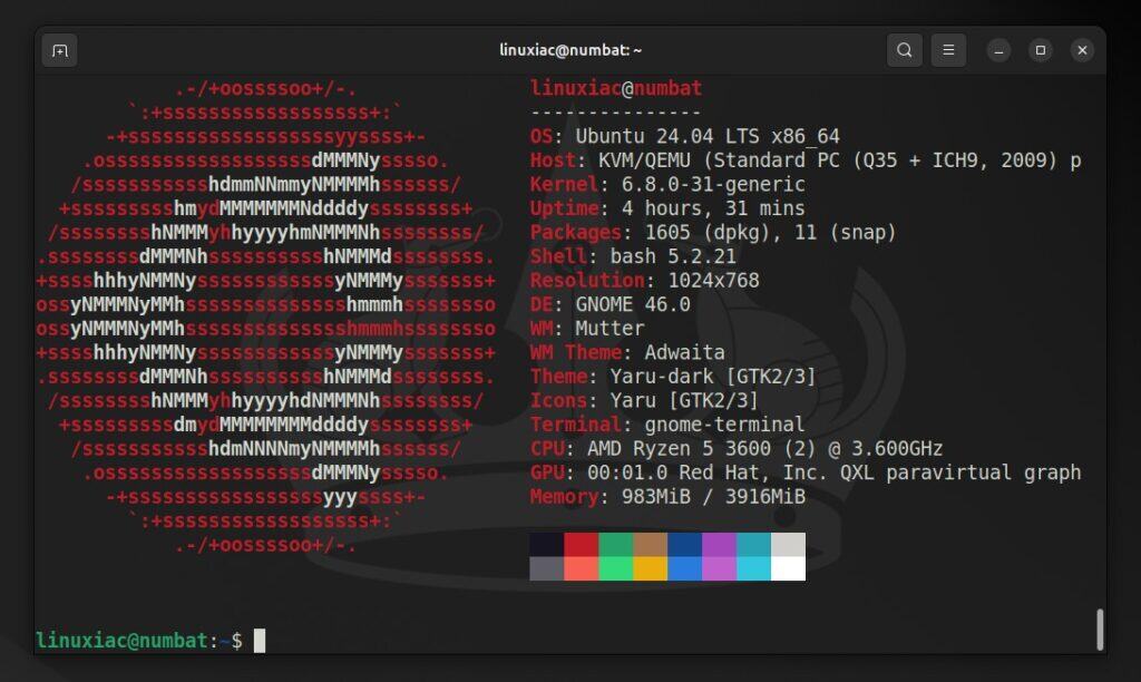 Ubuntu 24.04 LTS (Noble Numbat) running Linux kernel 6.8