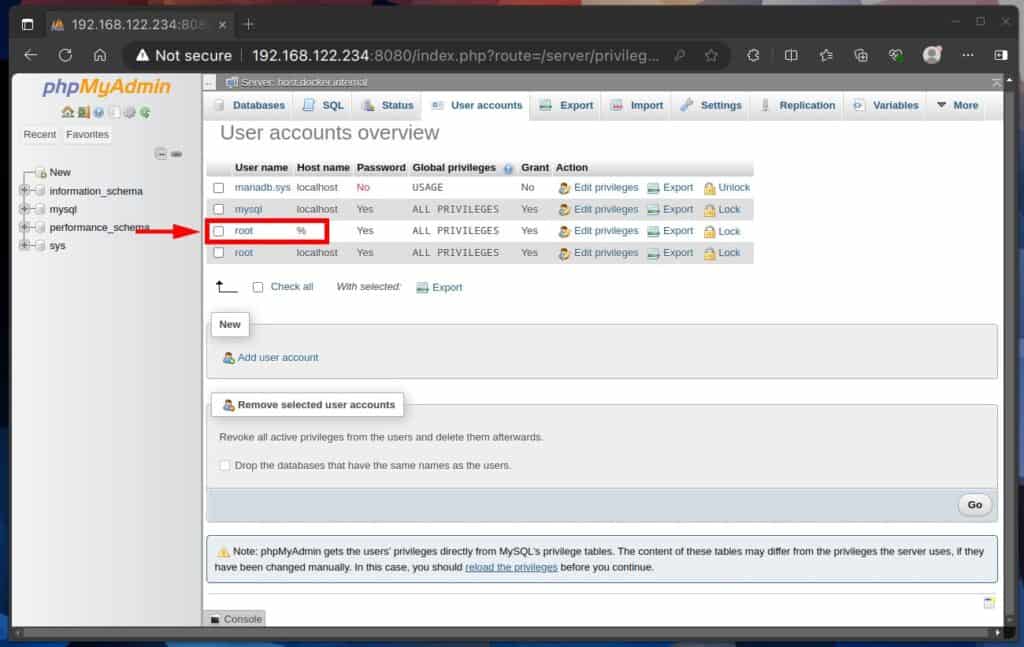 Enable remote connection of the "root" user to the MySQL server.