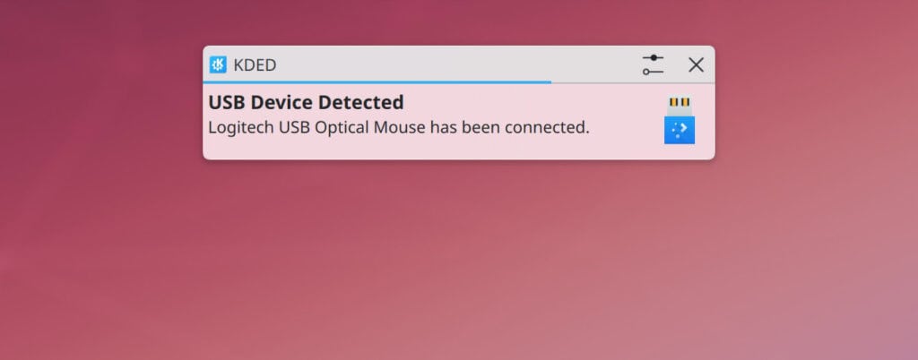 KDE Plasma 6.5 now shows a system notification by default when you plug in a device.