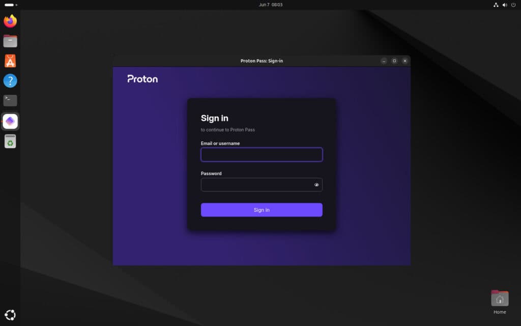 Proton Pass running on Ubuntu.