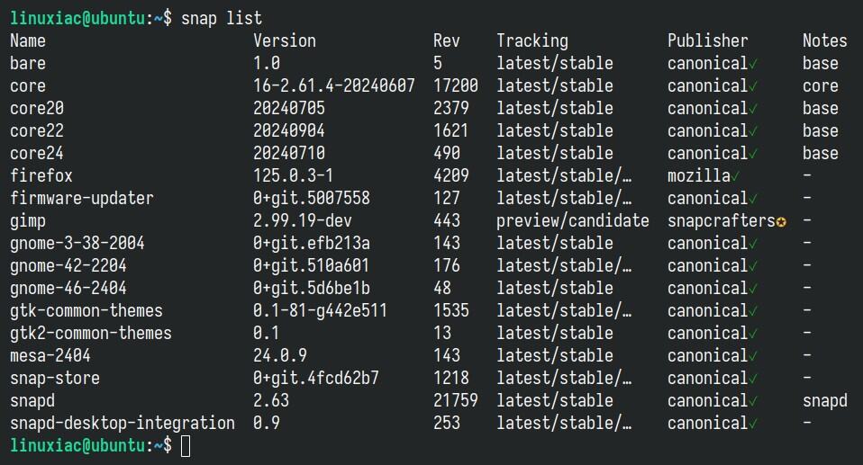 Listing installed Snap packages.