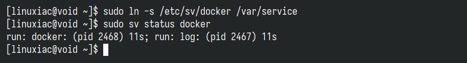 Check the status of the Docker service in Void Linux.