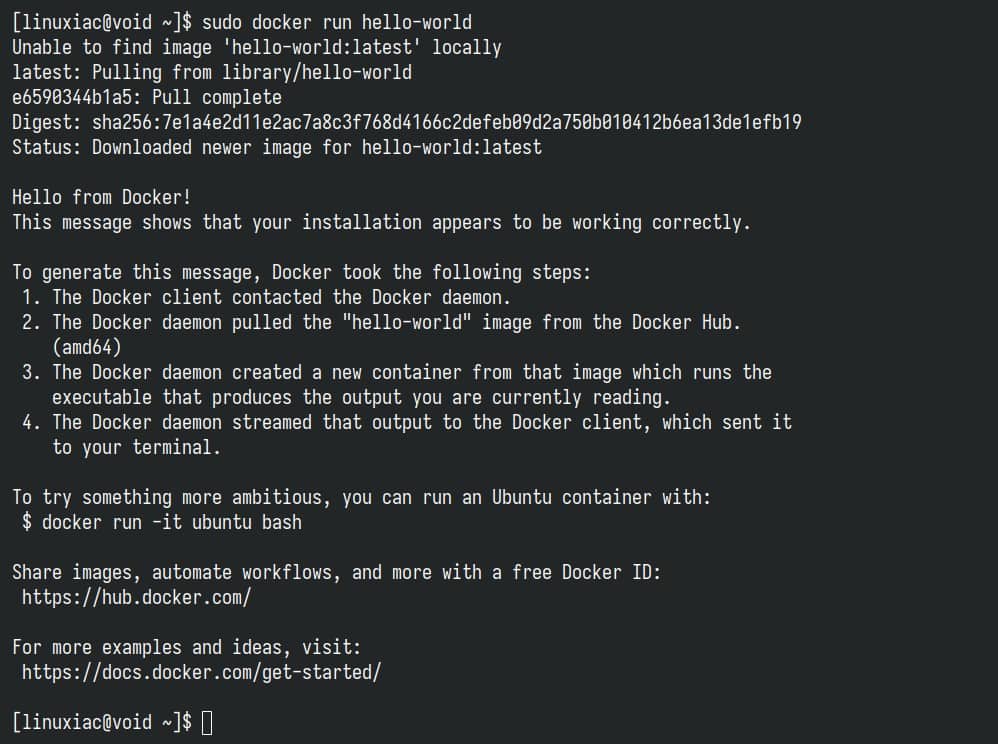 Docker successfully installed, up & running on Void Linux.