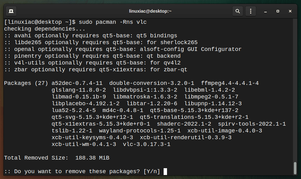 Removing a package in Arch Linux.