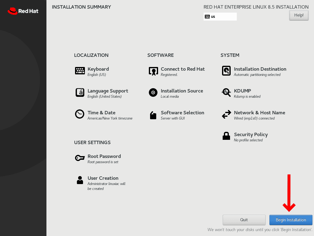 Start installing RHEL 8