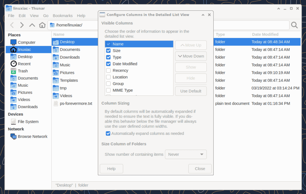 Configure columns in Thunar